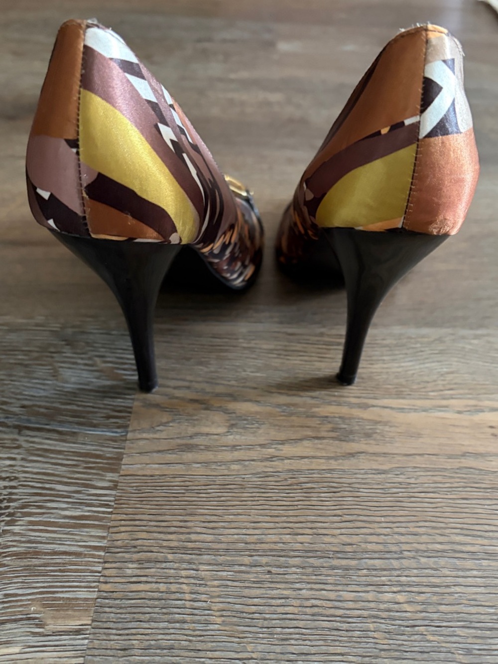Carlos by Carlos Santana Multicolor Brown Tan Black Gold Buckle Open-Toe Heels - Picture 2 of 4